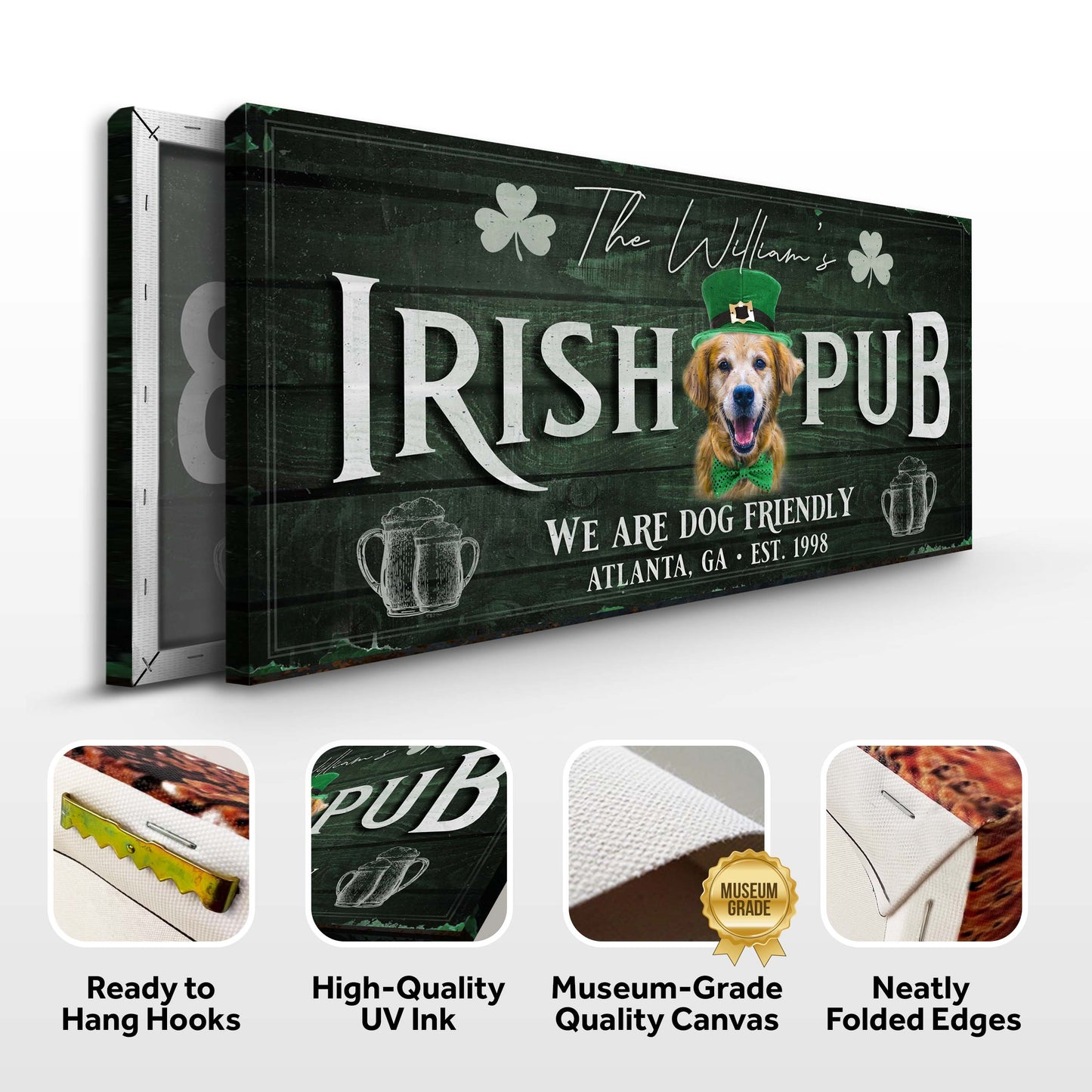 Irish Pub Dog Portrait Sign canvas by Tailored Canvases, green wood backdrop with dog in a hat on Tampa Home & Garden Store