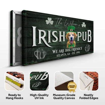 Irish Pub Dog Portrait Sign canvas by Tailored Canvases, green wood backdrop with dog in a hat on Tampa Home & Garden Store