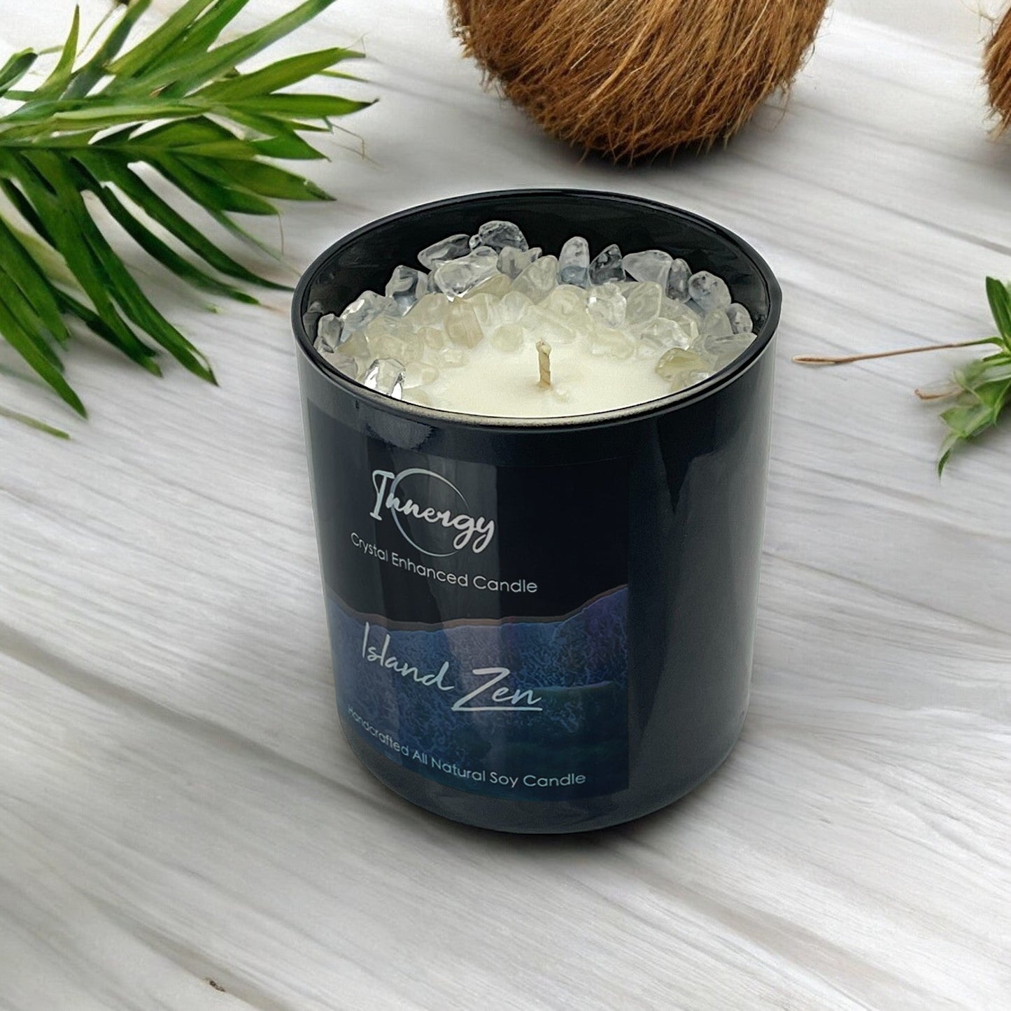 Island Zen Crystal Candle with Crystal Quartz | Coconut-Soy Wax Candle, 9oz - Tampa Home & Garden Store