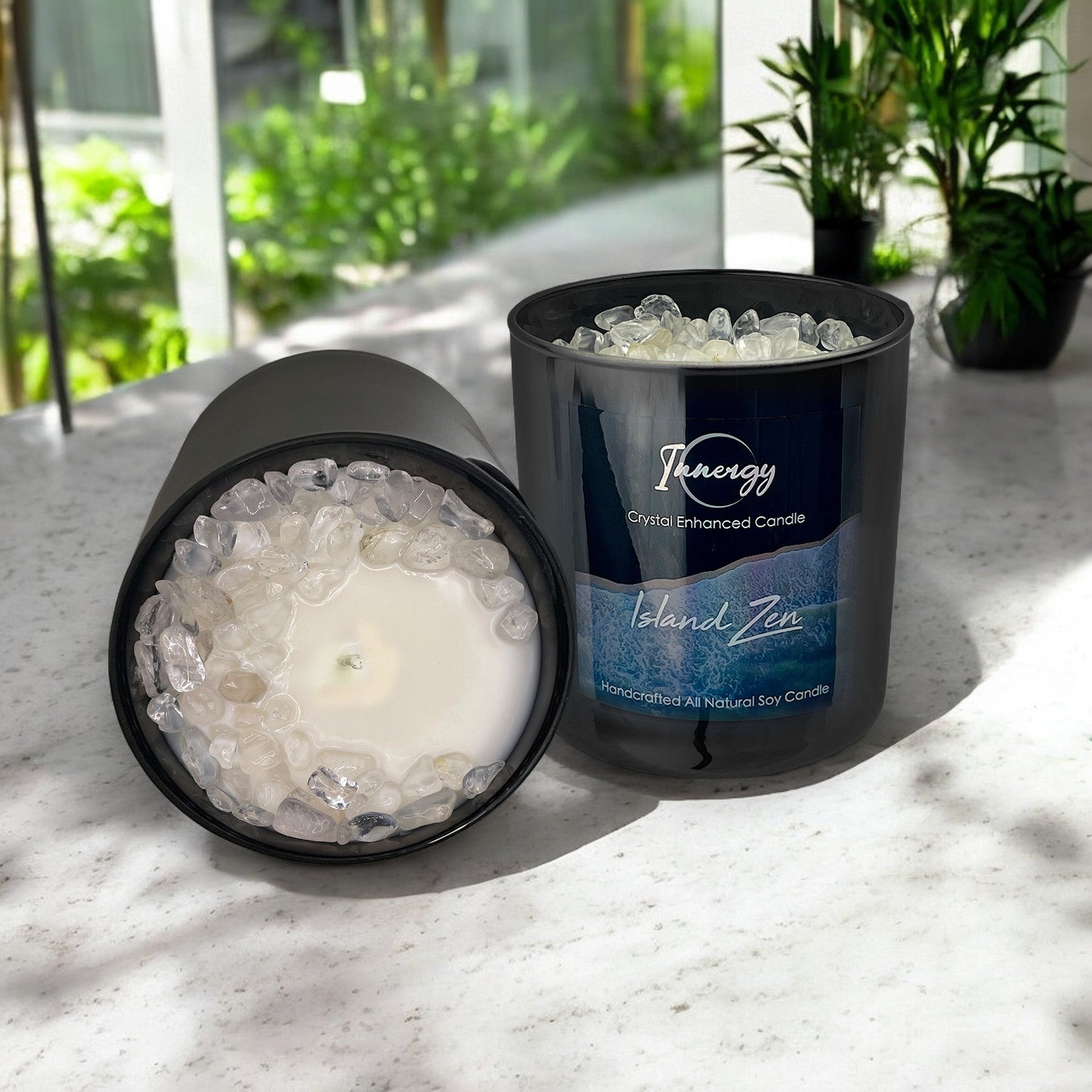 Island Zen Crystal Candle with Crystal Quartz | Coconut-Soy Wax Candle, 9oz - Tampa Home & Garden Store