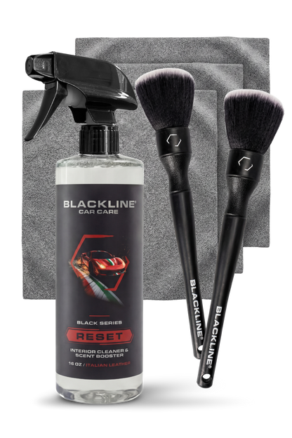BLACKLINE Ultra Soft Detail Brush Set with 2 black-handled brushes and gray microfiber towels on Tampa Home & Garden Store
