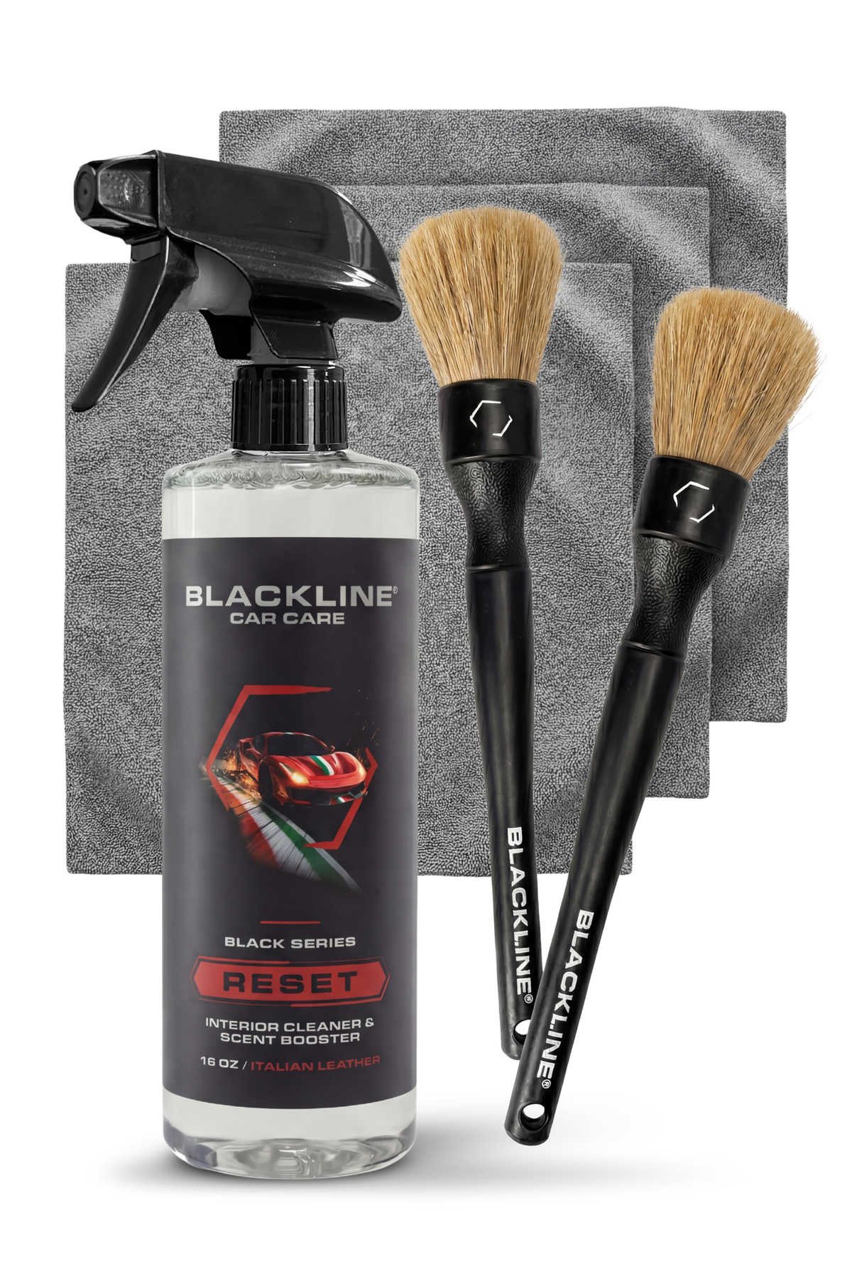 Blackline RESET interior cleaner spray with gray towels and brush set 16 oz Italian Leather on Tampa Home & Garden Store