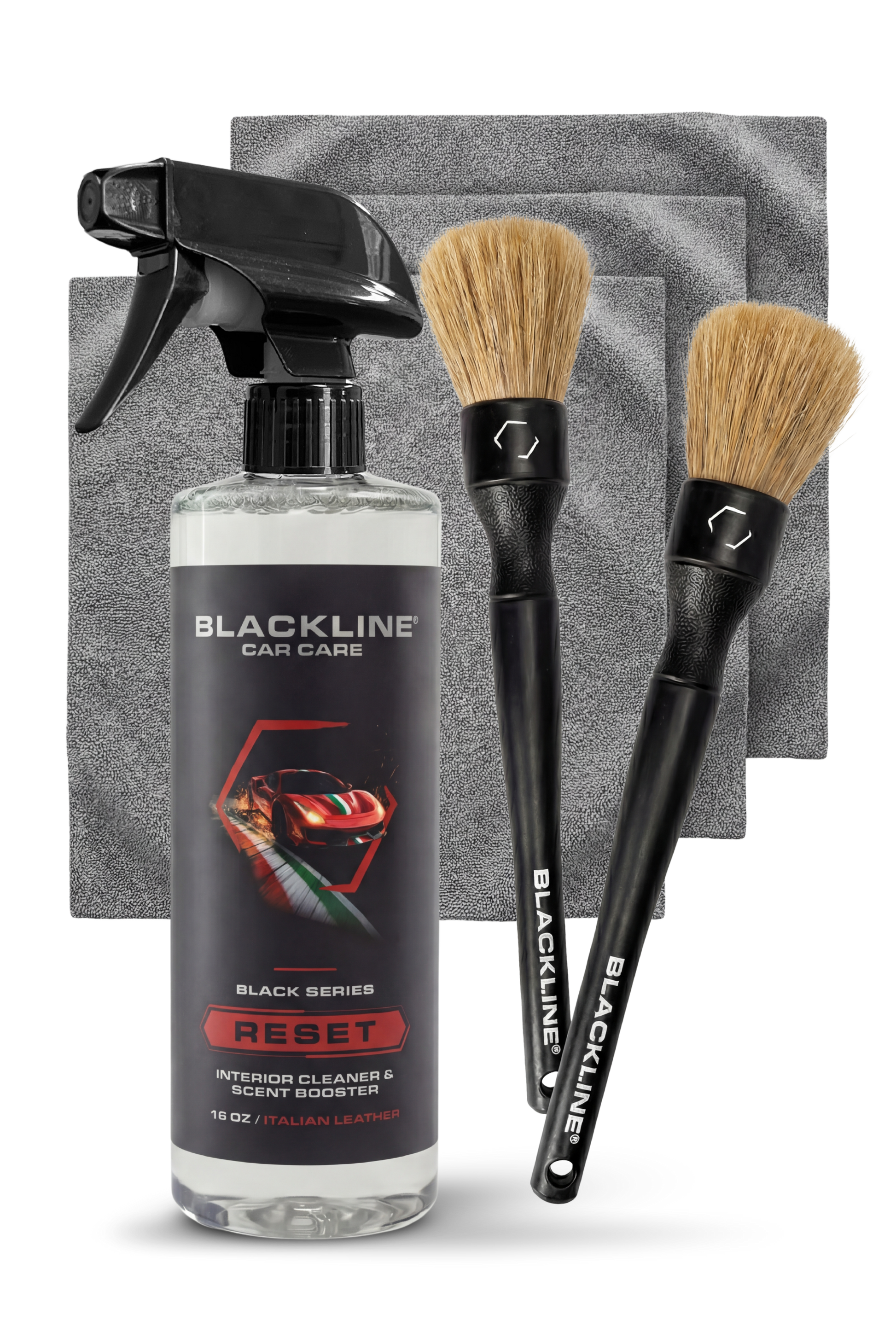 Blackline RESET interior cleaner spray with gray towels and brush set 16 oz Italian Leather on Tampa Home & Garden Store