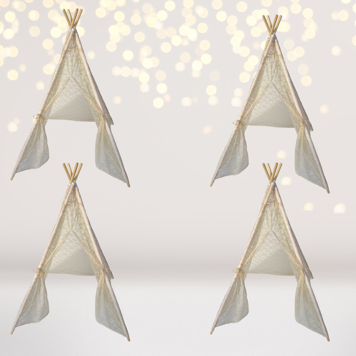 4-pack cream lace teepee tents with wooden poles and lights for pretend play on Tampa Home & Garden Store