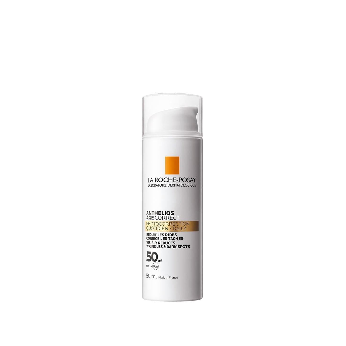 La Roche-Posay Anthelios Age Correct SPF50 sunscreen bottle with pump, white label 50 ml on Tampa Home & Garden Store