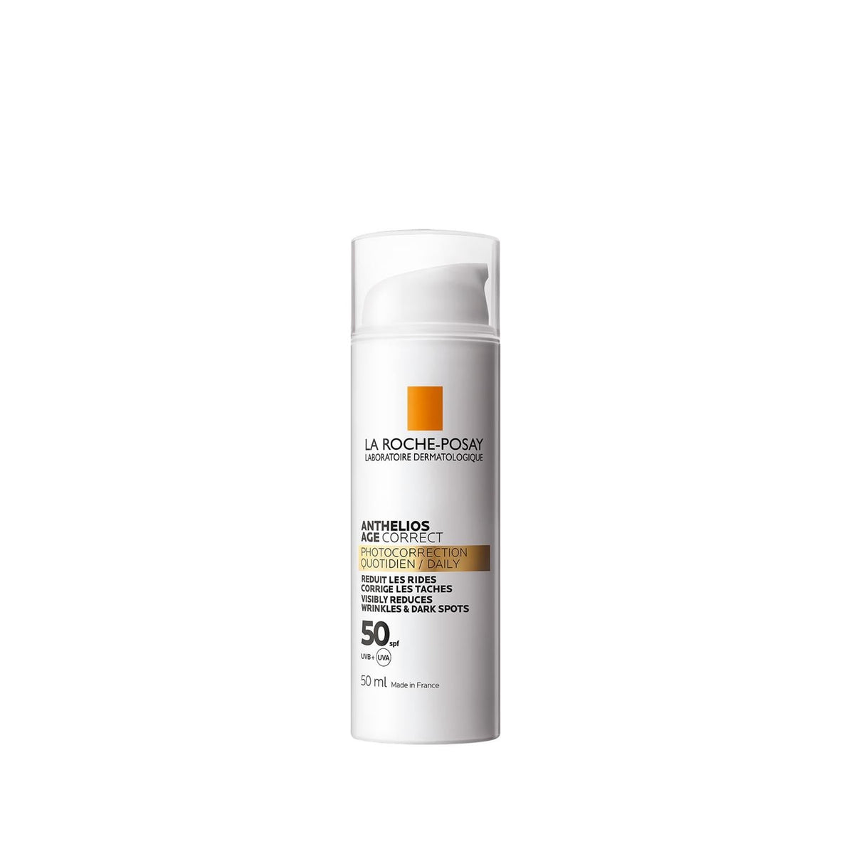 La Roche-Posay Anthelios Age Correct SPF50 sunscreen bottle with pump, white label 50 ml on Tampa Home & Garden Store