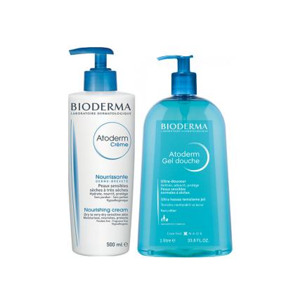 Bioderma Atoderm skincare duo: nourishing cream and gel douche in white/blue bottles (2) on Tampa Home & Garden Store