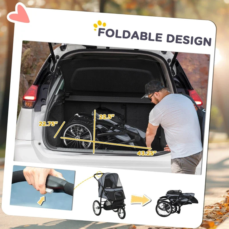 3-Wheel Pet Stroller for Small to Medium Dogs by Furr Baby Gifts, foldable black frame in trunk on Tampa Home & Garden Store