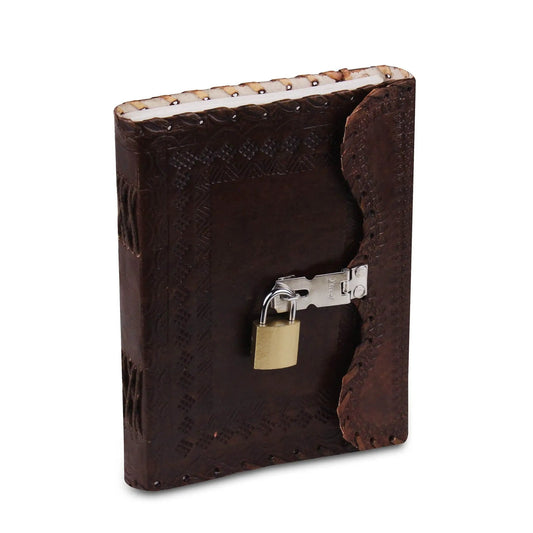 Mohenjo Daro Leather Journal with Lock dark brown embossed leather cover with metal clasp on Tampa Home & Garden Store