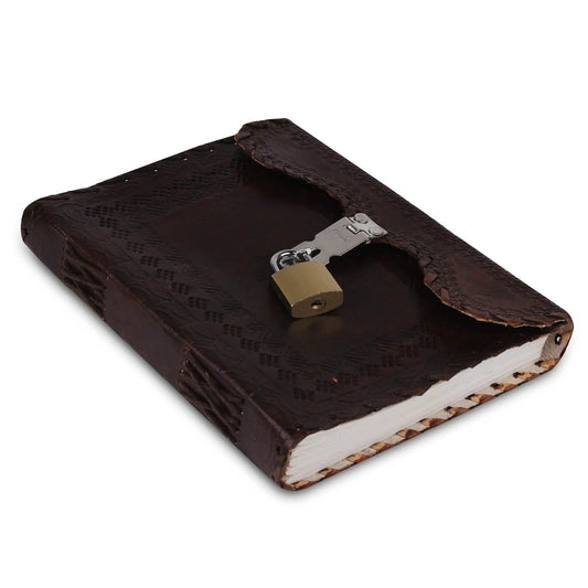 Mohenjo Daro Leather Journal with Lock in dark brown leather, metal clasp, deckle-edged pages on Tampa Home & Garden Store