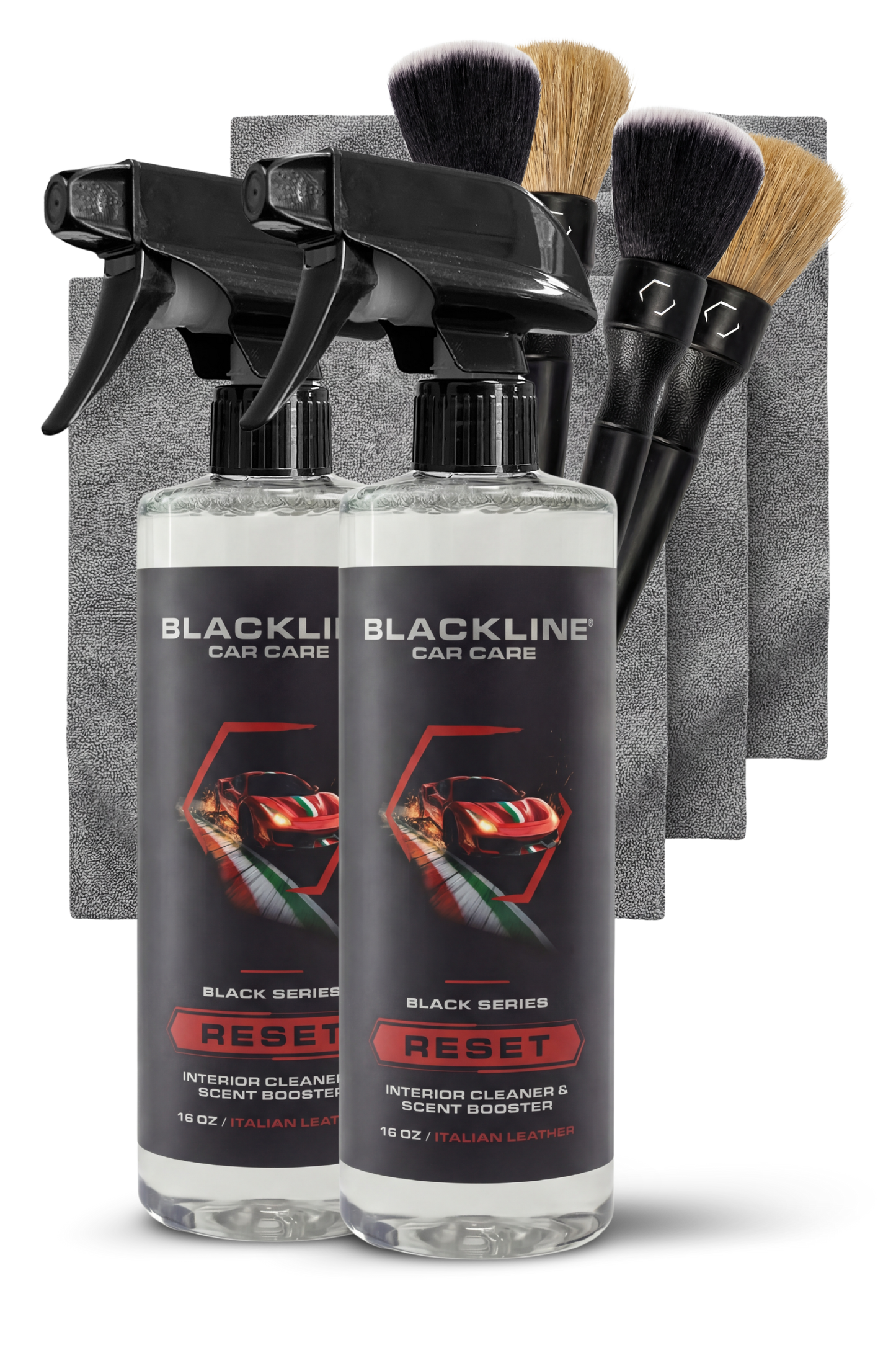 Blackline Reset interior cleaner & scent booster two spray bottles with black triggers on Tampa Home & Garden Store