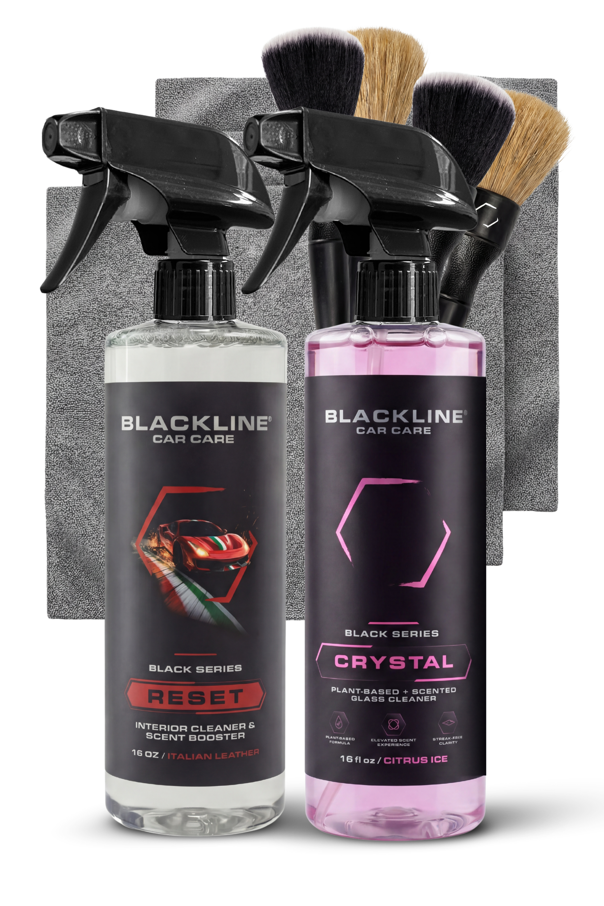 Blackline Car Care RESET interior cleaner & scent booster spray bottles, clear and pink liquids on Tampa Home & Garden Store