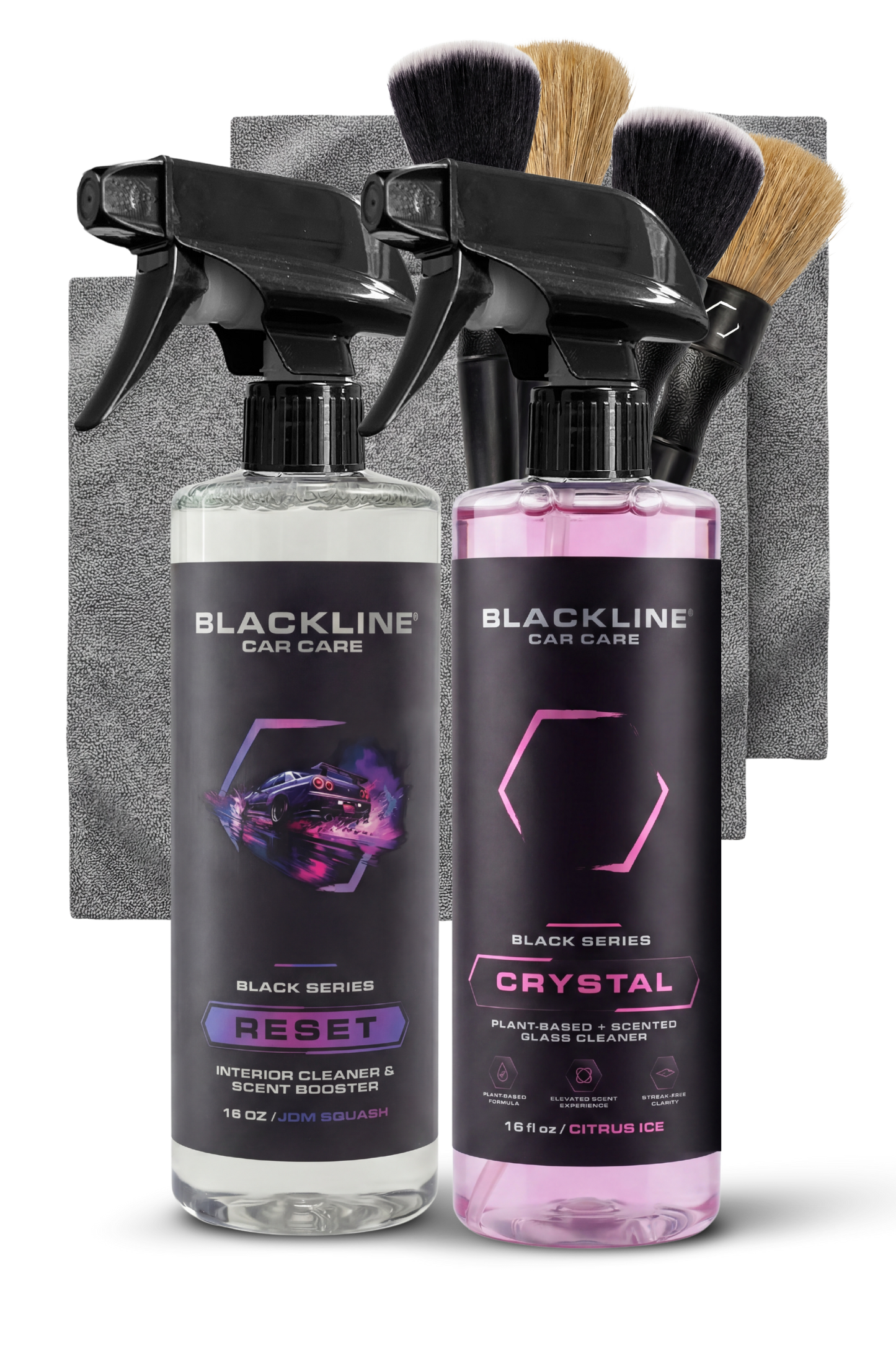 Blackline Car Care RESET interior cleaner & scent booster kit with two spray bottles on a mat on Tampa Home & Garden Store