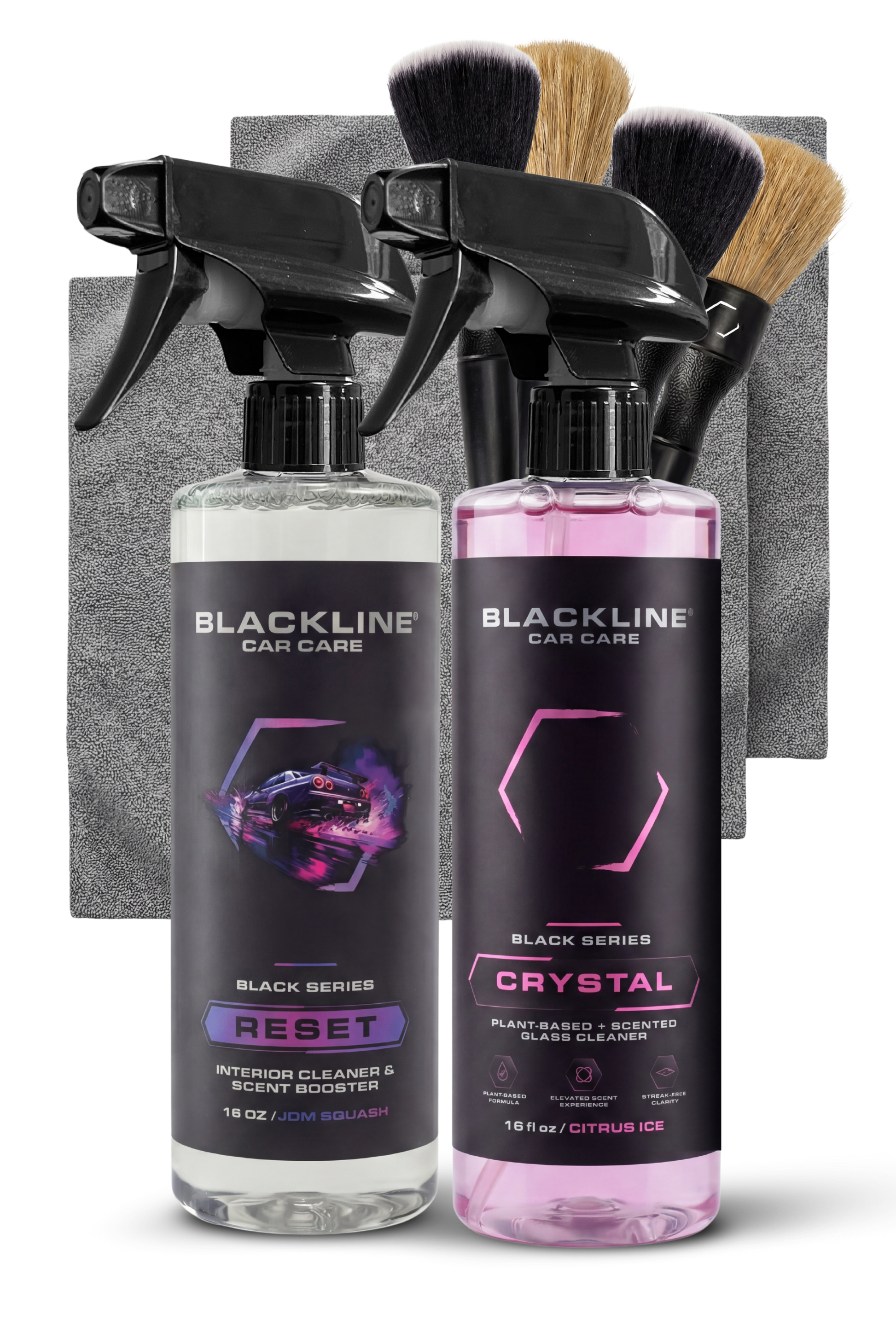 Blackline Car Care RESET interior cleaner & scent booster kit with two spray bottles on a mat on Tampa Home & Garden Store
