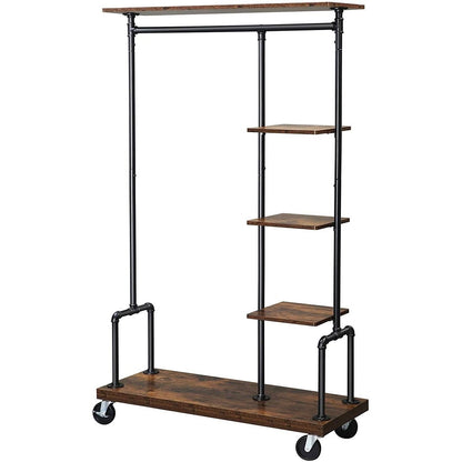 Estantería de armario con ruedas para ropa, tipo tubería industrial, de 5 niveles, estilo rústico
