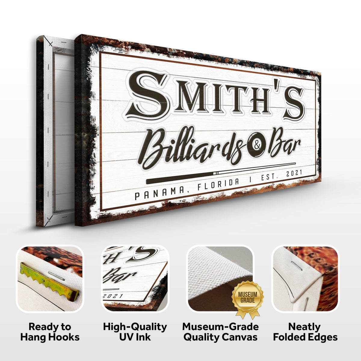 Billiards And Bar Sign canvas on distressed white wood with rusted border by Tailored Canvases on Tampa Home & Garden Store