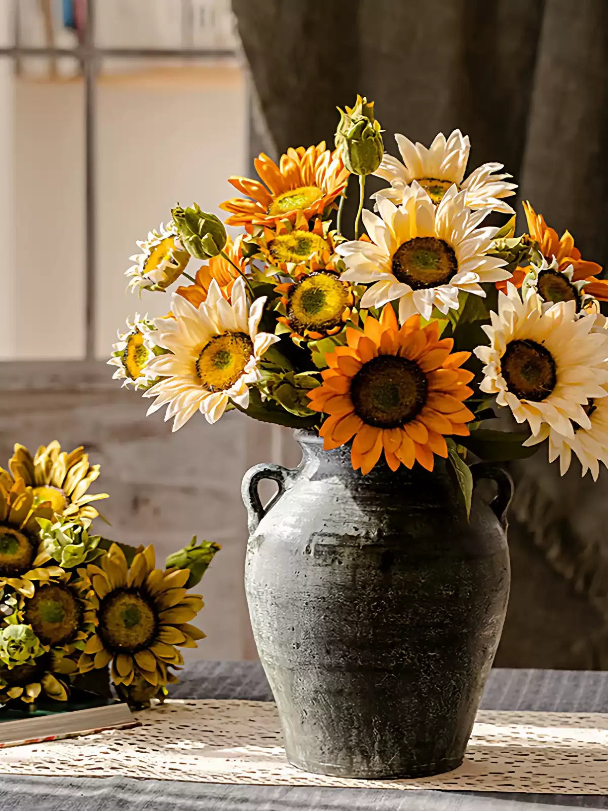 Painterly Sunflower Bouquet 20-inch artificial flowers in a weathered gray vase by RusticReach on Tampa Home & Garden Store