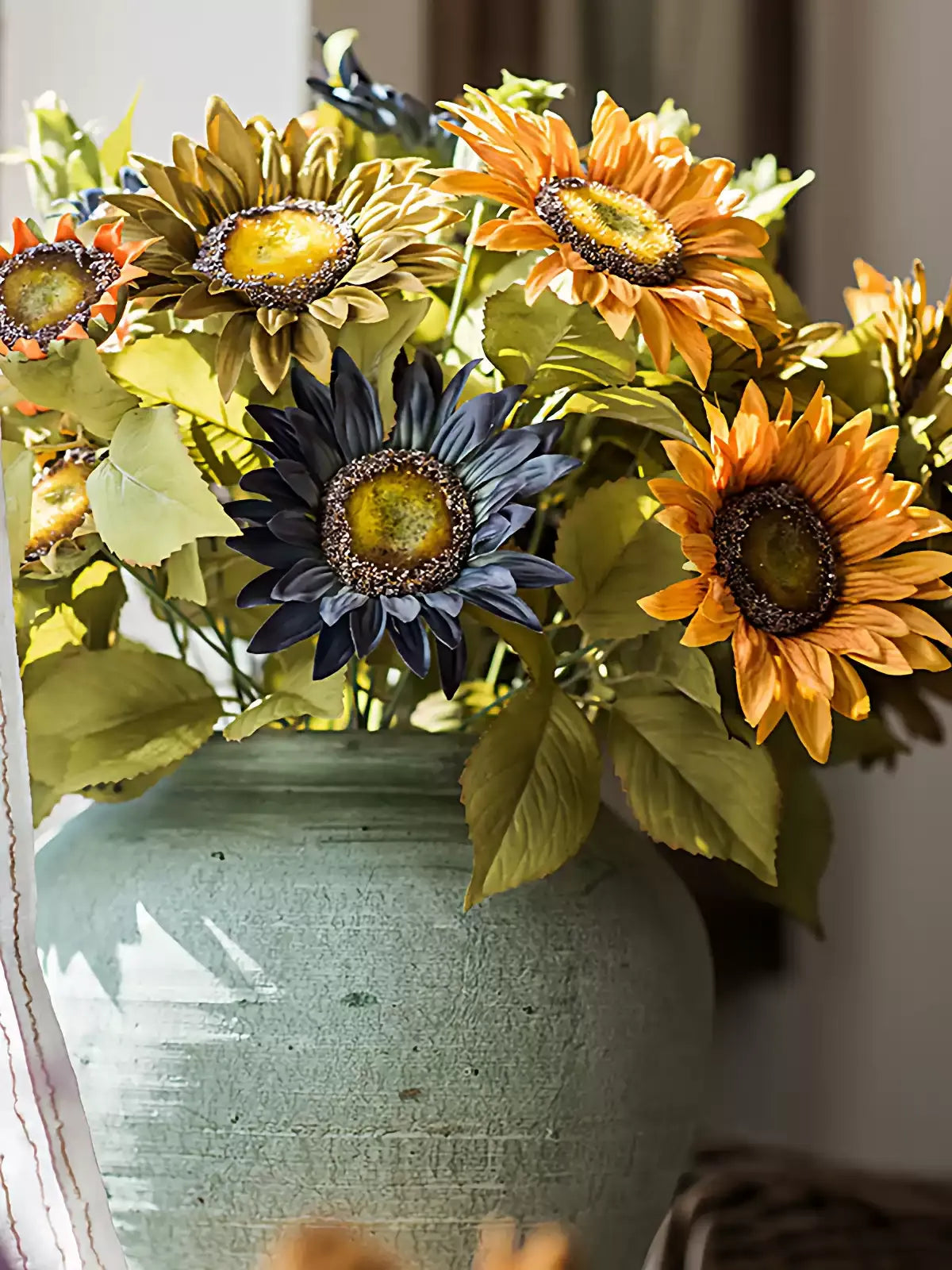 Painterly sunflower bouquet with orange petals in a teal rustic vase on Tampa Home & Garden Store
