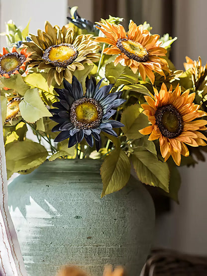 Painterly sunflower bouquet with orange petals in a teal rustic vase on Tampa Home & Garden Store