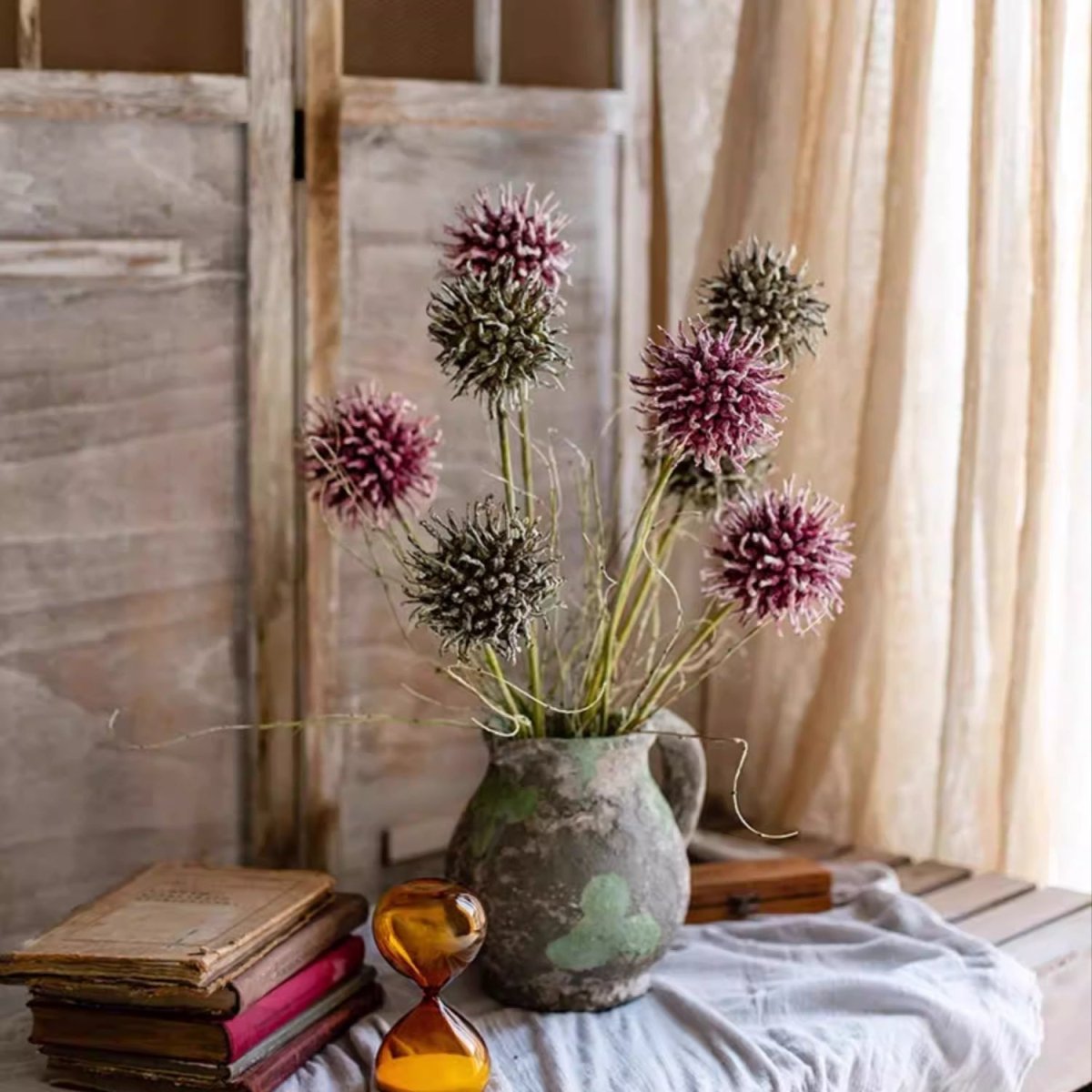 Rustic Thistle Pod Stem 27.5in tall artificial plant in weathered pitcher with purple seedheads on Tampa Home & Garden Store