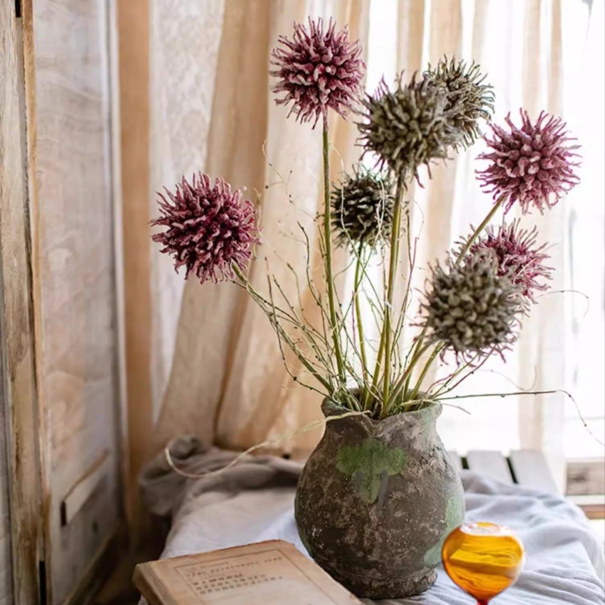 Rustic Thistle Pod Stem 27.5-inch artificial bouquet with 6 pink blooms in a vase RusticReach on Tampa Home & Garden Store