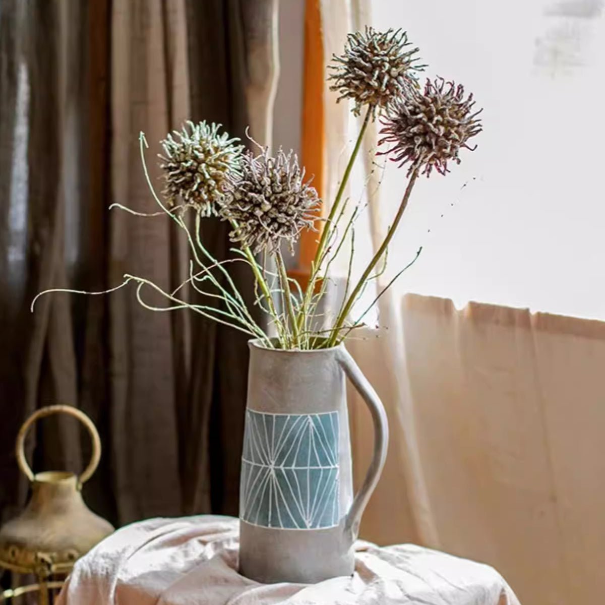 Rustic Thistle Pod Stem 27.5 tall artificial plant in a gray pitcher by RusticReach with blue band on Tampa Home & Garden Store