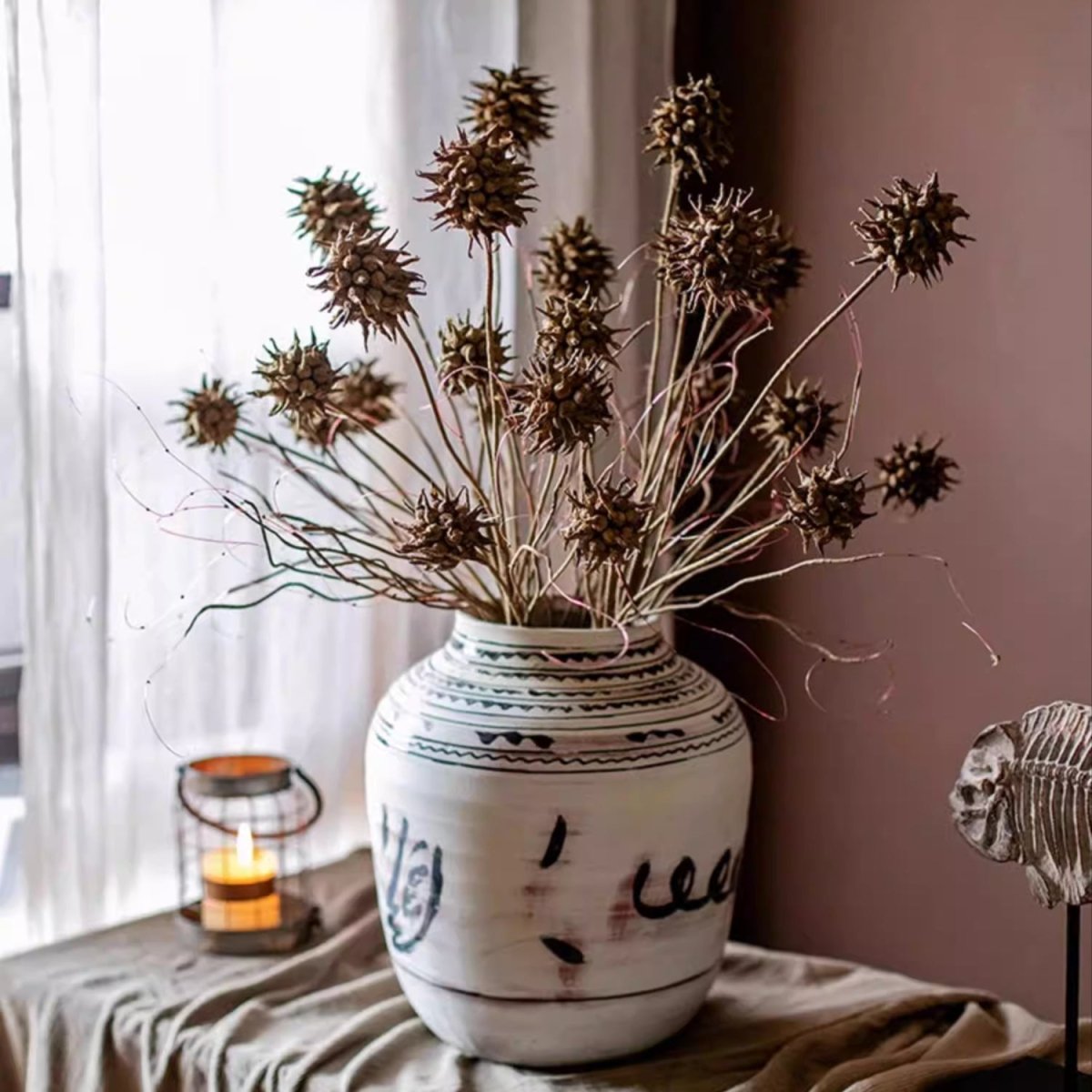 Faux Thistle Seed Pod Stem 33in tall in a ceramic vase with brown seed clusters RusticReach Garden on Tampa Home & Garden Store
