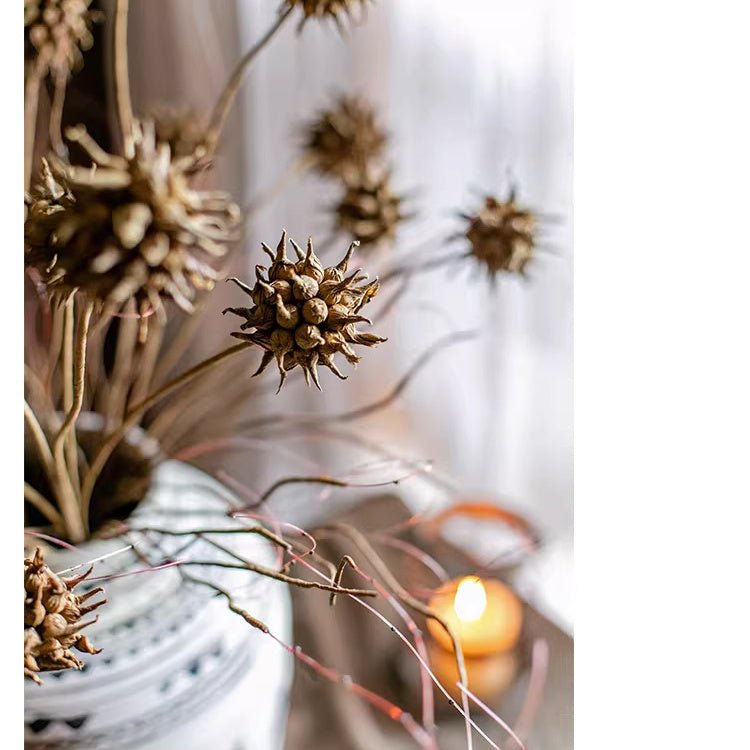 Faux thistle seed pod stem 33 in tall, brown seed pods, RusticReach artificial plant on Tampa Home & Garden Store