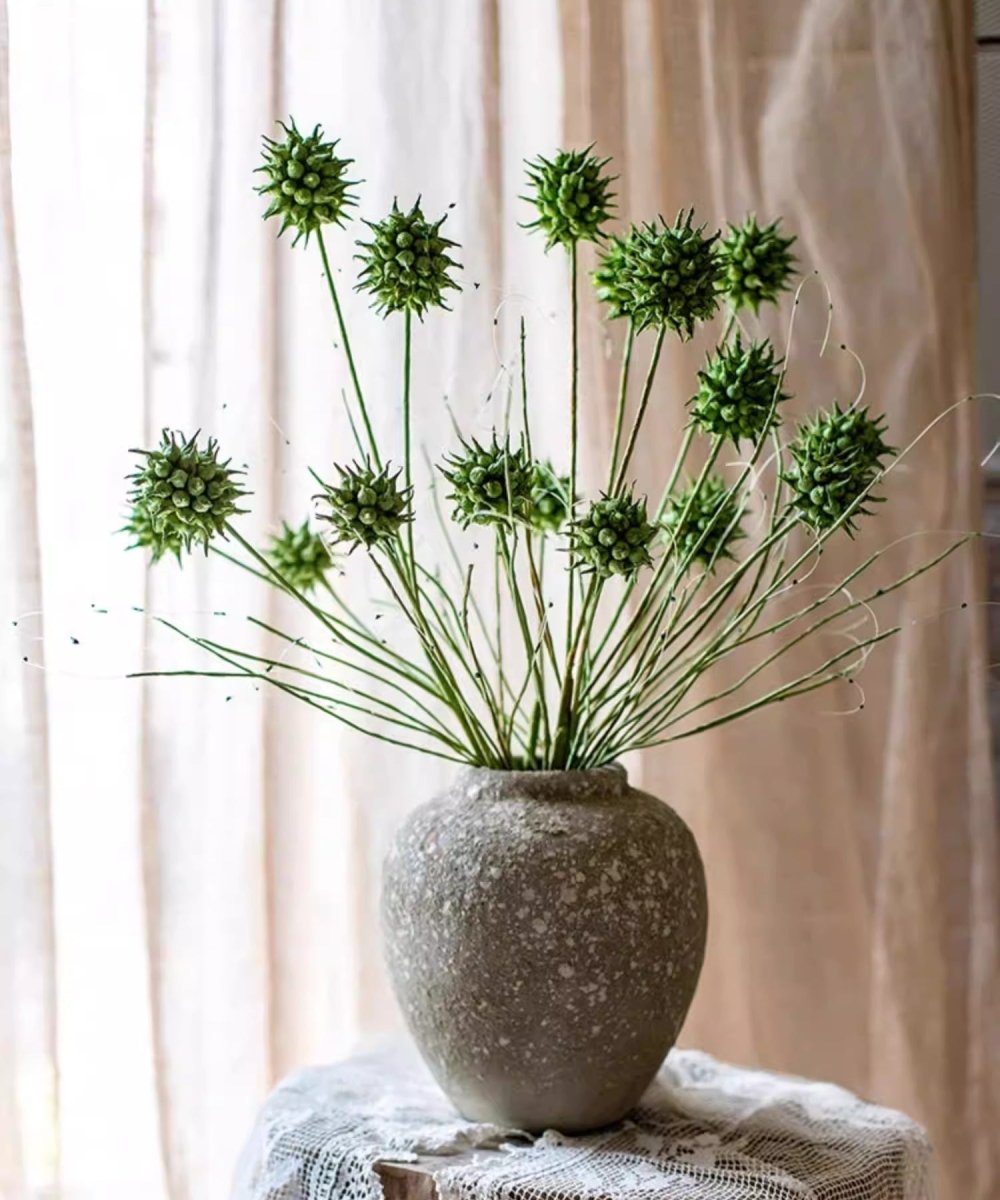 Faux Thistle Seed Pod Stem 33in tall RusticReach artificial green non-flowering plant in vase on Tampa Home & Garden Store
