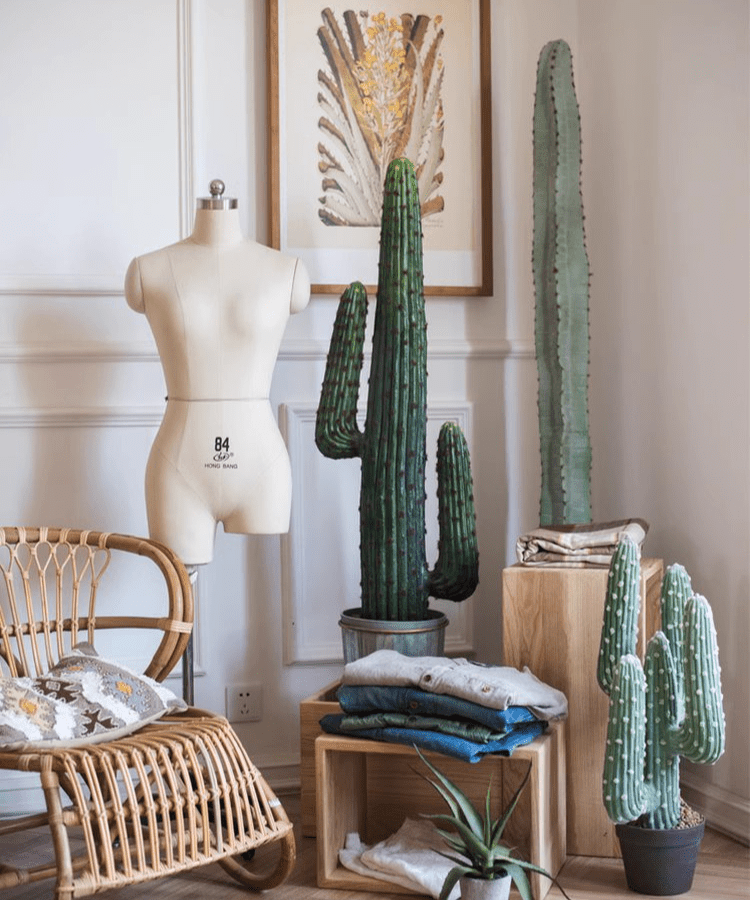 Artificial Cactus in Pot set in chic home display with tall and small green cacti in ceramic pots on Tampa Home & Garden Store