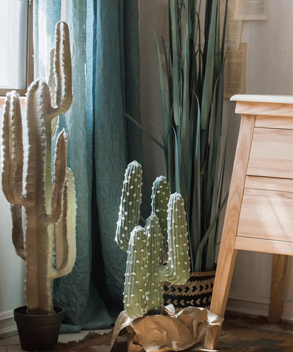 Artificial cacti in pots, beige tall cactus and green ribbed cactus, RusticReach planters on Tampa Home & Garden Store