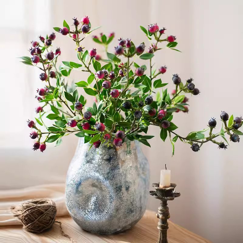 Artificial Alpine blueberry silk stem plant, 22.4 inches tall in a blue vase by RusticReach on Tampa Home & Garden Store