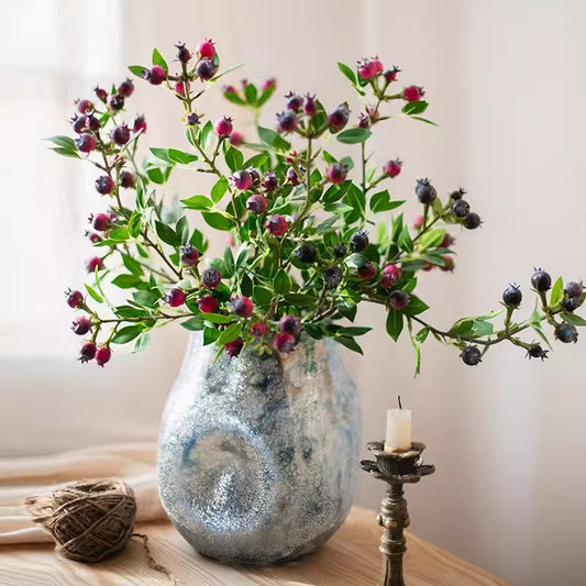 Artificial Alpine blueberry silk stem plant, 22.4 inches tall in a blue vase by RusticReach on Tampa Home & Garden Store