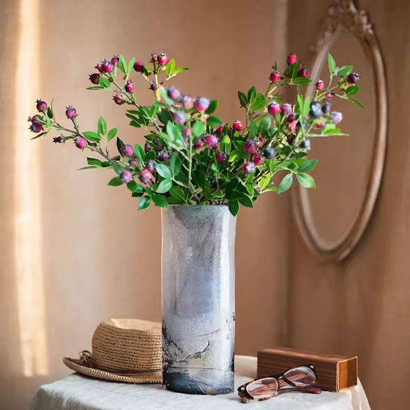 Silk Alpine blueberry stem RusticReach, 22.4in tall, green leaves in a silver vase on Tampa Home & Garden Store