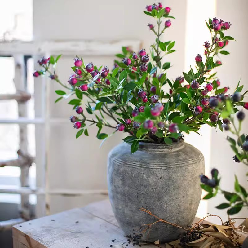 Artificial Alpine Blueberry stem silk plant in ceramic vase RusticReach 22.4 inches tall on Tampa Home & Garden Store