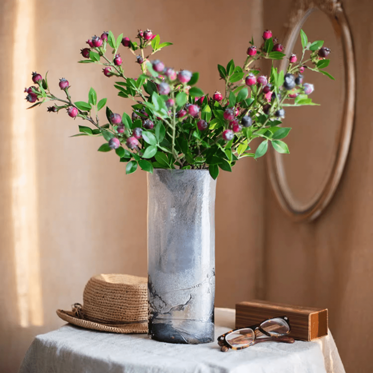 Artificial Fruit Alpine Blueberry Stem Silk Plant with green leaves in a gray vase on Tampa Home & Garden Store