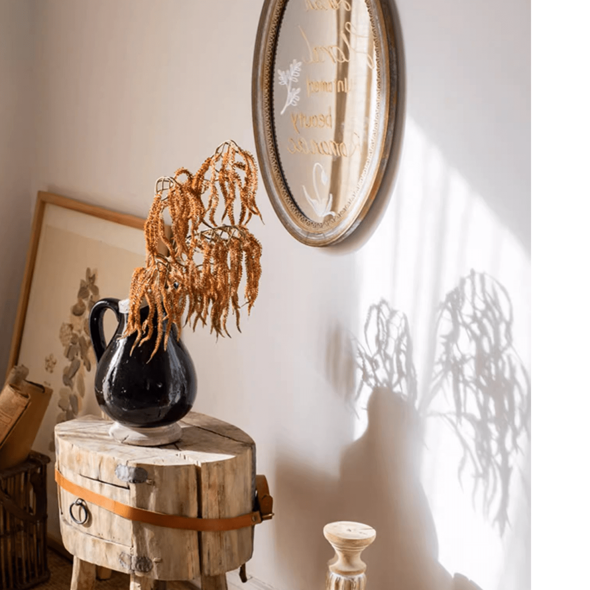 Artificial Amaranth Stem 23.6in tall RusticReach in black ceramic vase on a wood stump on Tampa Home & Garden Store