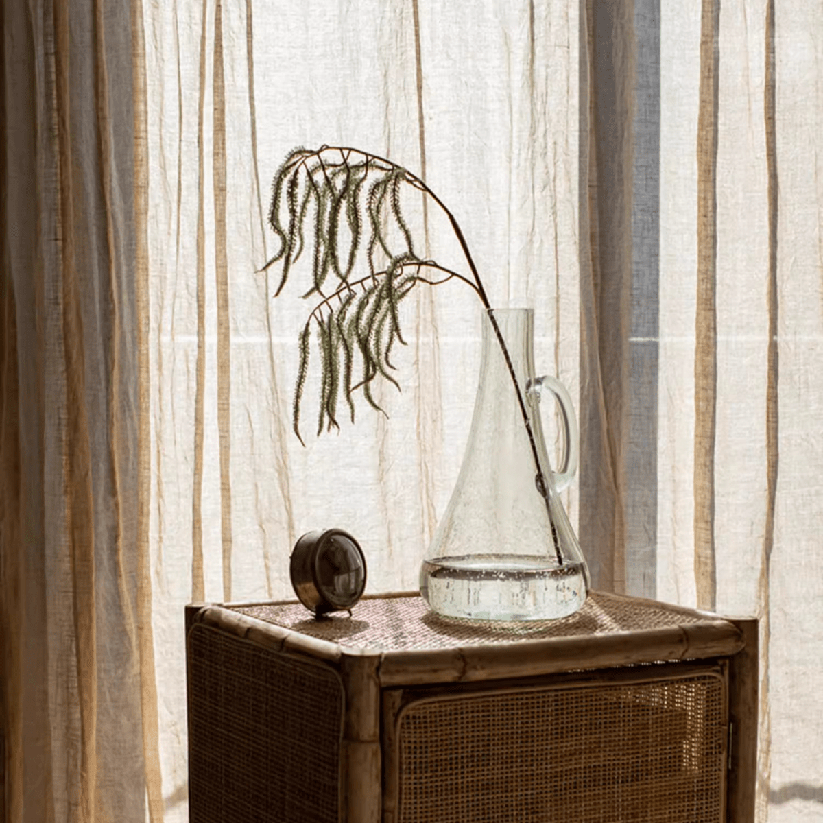 Artificial Amaranth Stem 23.6 in tall by RusticReach in a glass carafe vase with a drooping green bloom on Tampa Home & Garden Store
