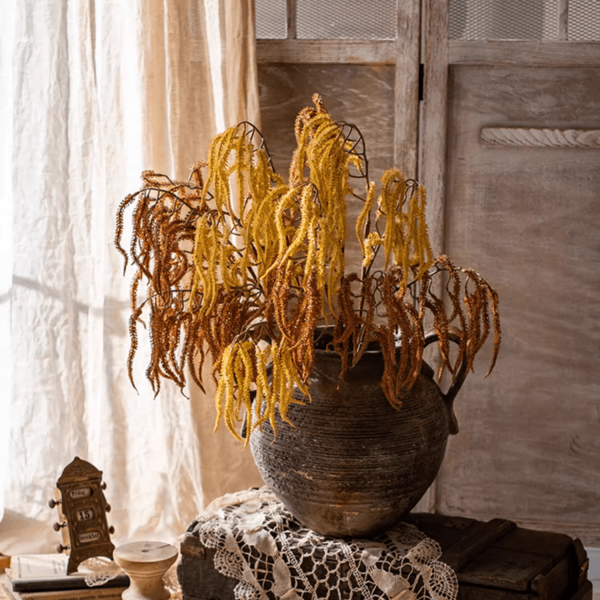 Artificial Amaranth Stem 23.6 tall in a rustic vase with yellow-brown strands RusticReach on Tampa Home & Garden Store
