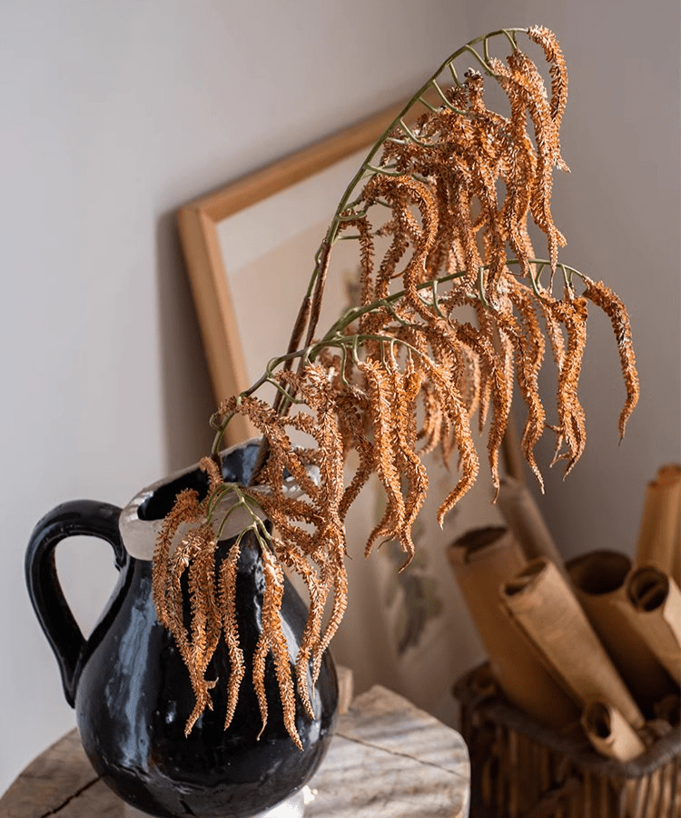 Artificial Amaranth Stem 23.6in tall with copper-brown drooping blooms in a glossy black pitcher on Tampa Home & Garden Store