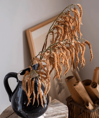 Artificial Amaranth Stem 23.6in tall with copper-brown drooping blooms in a glossy black pitcher on Tampa Home & Garden Store
