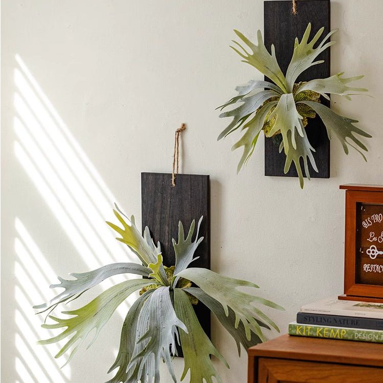 Artificial Antler Fern on Solid Wood Base by RusticReach; two boards with pale green fronds on Tampa Home & Garden Store