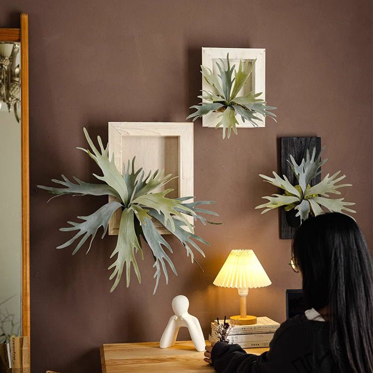 Artificial Antler Fern Wall Art set of four by RusticReach in mixed wooden frames on brown wall on Tampa Home & Garden Store