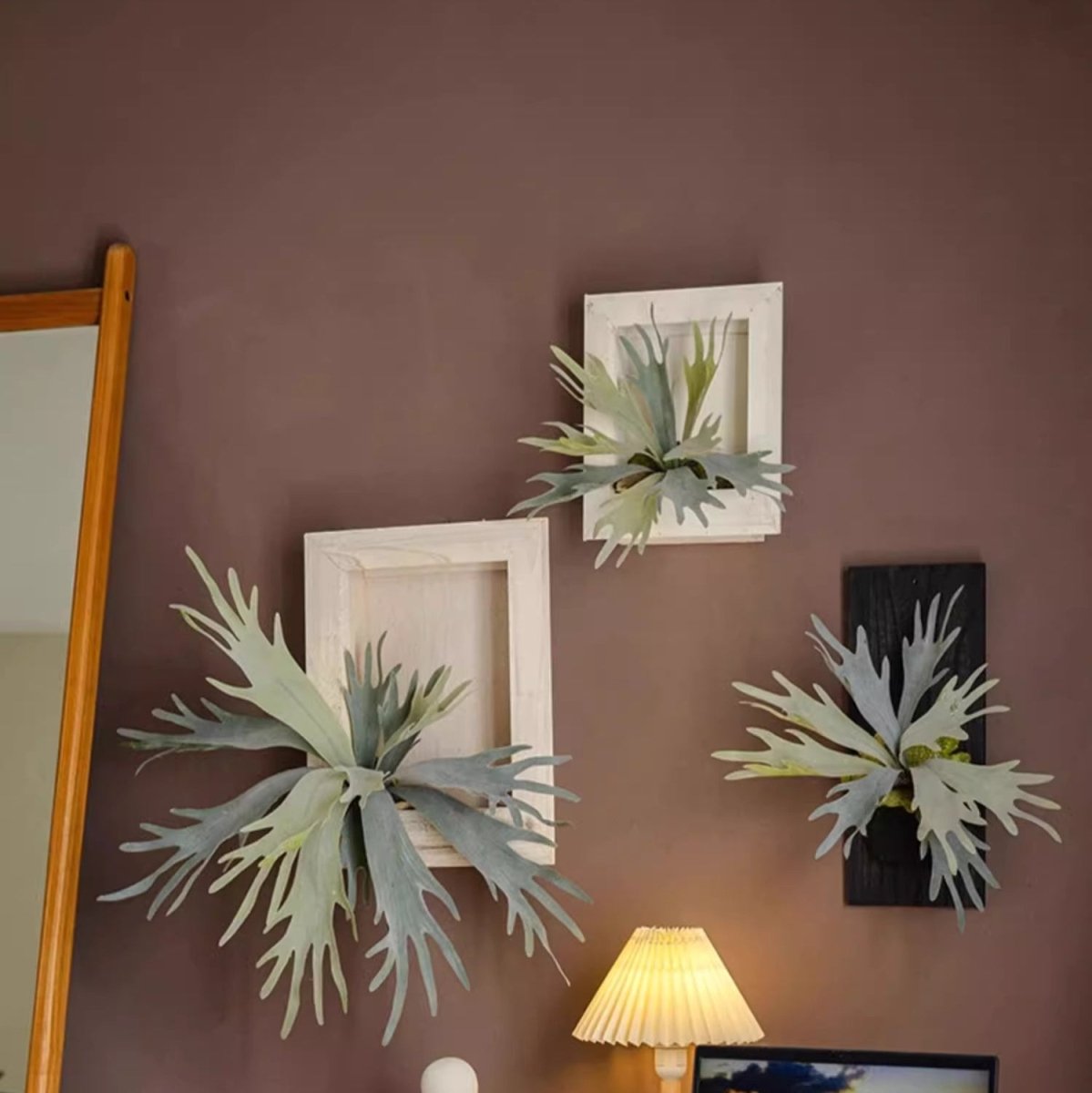 Artificial Antler Fern with Wooden Frame set of 3 wall frames with pale green fronds on wall on Tampa Home & Garden Store