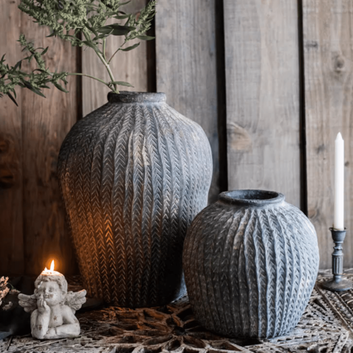 Artisan Handcrafted Antique Vases in gray ceramic with textured chevron pattern by RusticReach on Tampa Home & Garden Store
