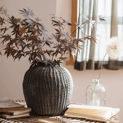 Artisan Handcrafted Antique Vase in dark ribbed ceramic with textured finish on Tampa Home & Garden Store