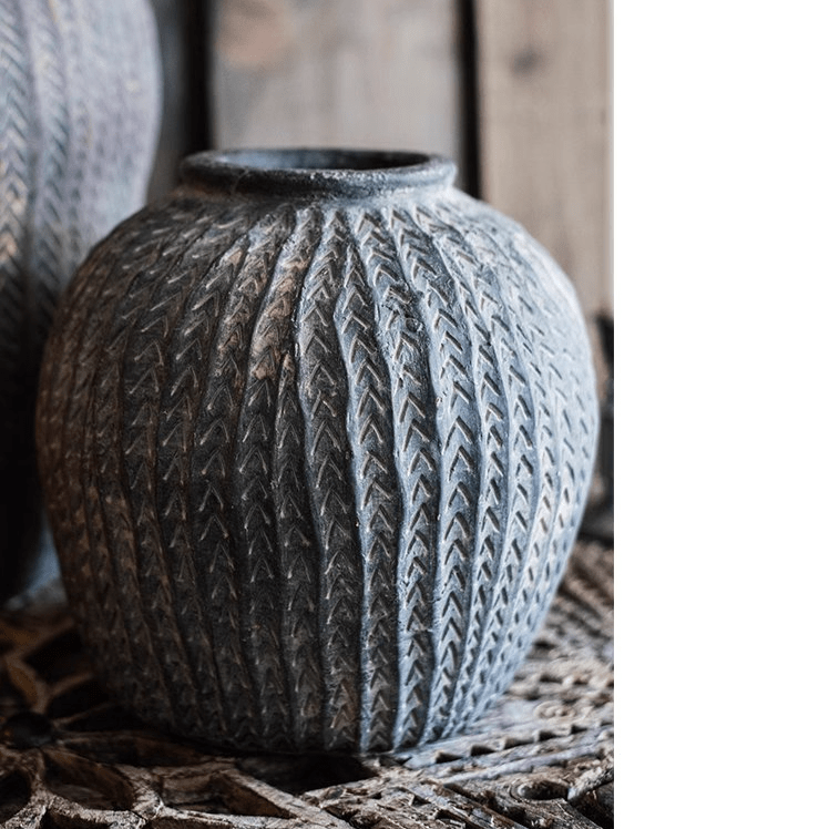 Artisan Handcrafted Antique Vase by RusticReach, dark gray ceramic with vertical ribbed pattern on Tampa Home & Garden Store