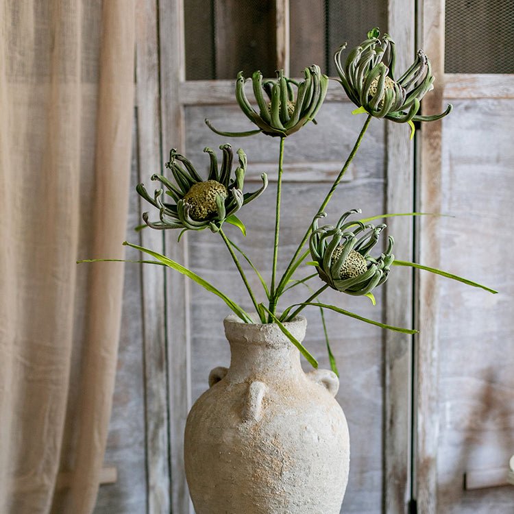 Faux Silk Sunflower Stems in green, 39 inches tall, set of 4 in a rustic vase on Tampa Home & Garden Store