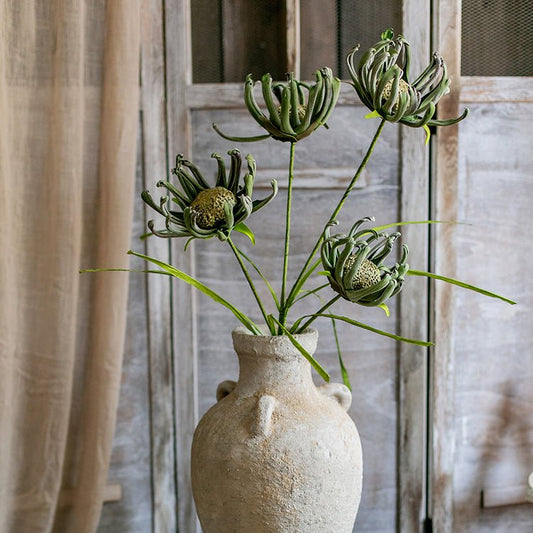 Faux Silk Sunflower Stems in green, 39 inches tall, set of 4 in a rustic vase on Tampa Home & Garden Store