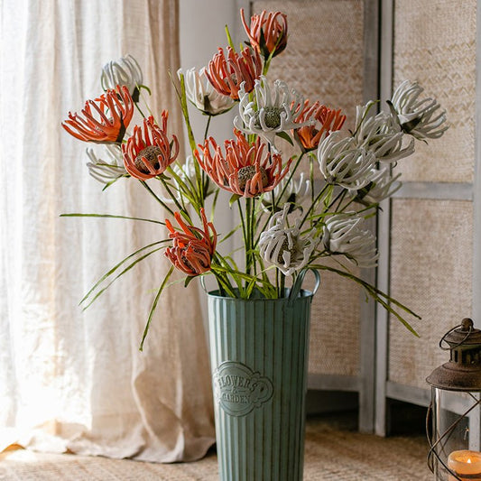 Faux Silk Colored Art Sunflower Stem, 39 inches tall, orange and pale gray blossoms in a ribbed teal vase RusticReach artificial flowering plant on Tampa Home & Garden Store